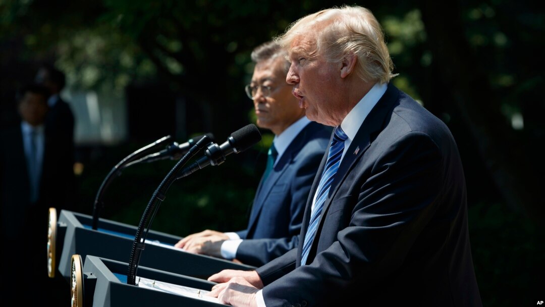 President Donald Trump, accompanied by South Korean President Moon Jae-in, speaks in the Rose Garden of the White House in Washington, June 30, 2017. 