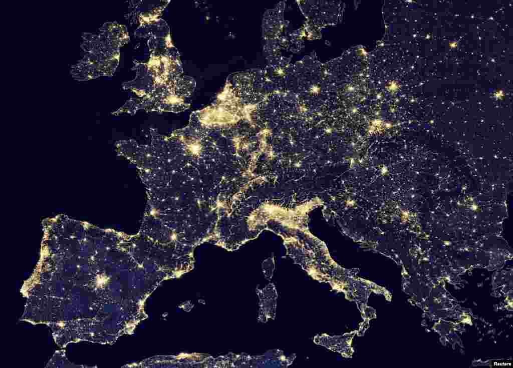 A nighttime view of Europe made possible by the day-night band of the Visible Infrared Imaging Radiometer Suite (VIIRS). Photo released by NASA. 