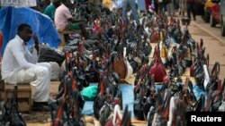 FILE - Bags are arranged for sale along a road at the Mokolo main market in Yaounde, the capital of Cameroon. Central African states have been working at regional integration since they gained independence in the 1960s but are still not able to ensure the free movement of people and goods.