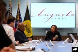 Vice President Kamala Harris speaks during a briefing at the Augusta Emergency Operations Center as she visits areas affected by Hurricane Helene, in Augusta, Ga., Oct. 2, 2024.