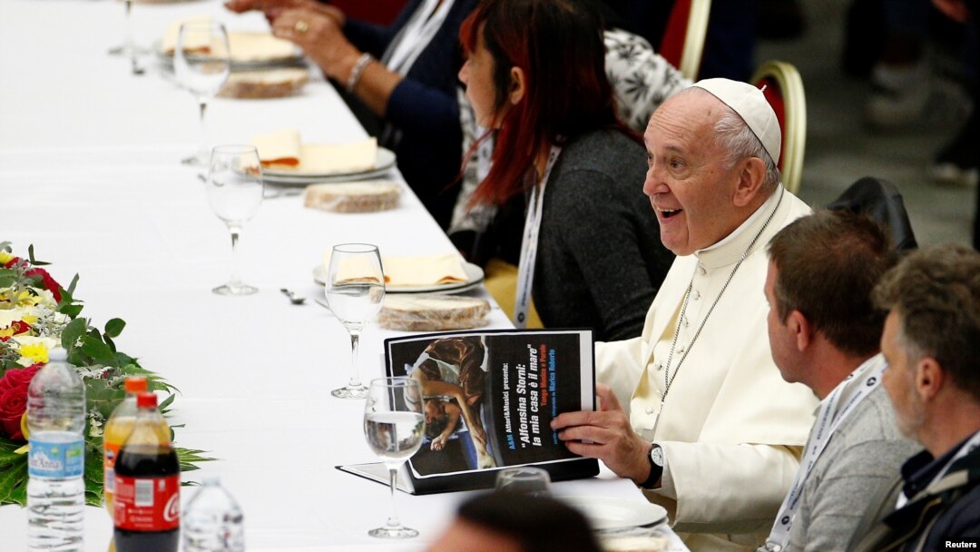 Pope Francis attends a lunch with the poor after celebrating a Mass marking the Roman Catholic Church's World Day of the Poor, in Paul VI Hall at the Vatican, Nov. 17, 2019. 