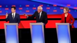 South Bend Mayor Pete Buttigieg, Sen. Bernie Sanders, I-Vt., and Sen. Elizabeth Warren, D-Mass., participate in the first of two Democratic presidential primary debates hosted by CNN, July 30, 2019, in the Fox Theatre in Detroit.
