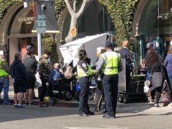 A Hollywood filming in Beverly Hills before California issued the order for people to stay at home. It was a common sight in Los Angeles but not any more due to the pandemic. (Elizabeth Lee/VOA)