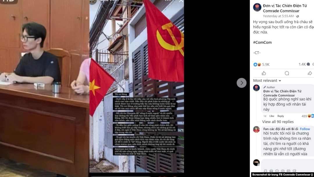 Hình trích xuất từ trang Facebook của Đơn Vị Tác Chiến Điện Tử Comrade Commissar, ghép hình học sinh Quang Vinh và bài viết tối 1 tháng Chín.
