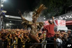 Drum queen Erika Januza, from the Viradouro samba school, performs during Carnival celebrations at the Sambadrome in Rio de Janeiro, March 3, 2025.