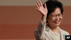  Former Hong Kong Chief Secretary Carrie Lam declares her victory in the chief executive election in Hong Kong, March 26, 2017. A Hong Kong committee has chosen the government's former No. 2 official Lam to be the semiautonomous Chinese city's next leader.