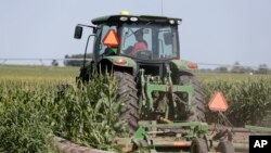 Tim Novotny, seorang petani Jagung di Wahoo, di ladangnya di Wahoo, Nebraska, 24 Juli 2018.