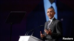 Former U.S. President Barack Obama delivers his keynote speech to the Montreal Chamber of Commerce at the Palais de Congres in Montreal, Quebec, Canada, June 6, 2017.