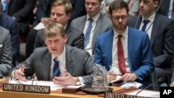 British Deputy Ambassador to the United Nations Jonathan Allen speaks during a Security Council meeting on the situation between Britain and Russia, March 14, 2018, at U.N. headquarters.