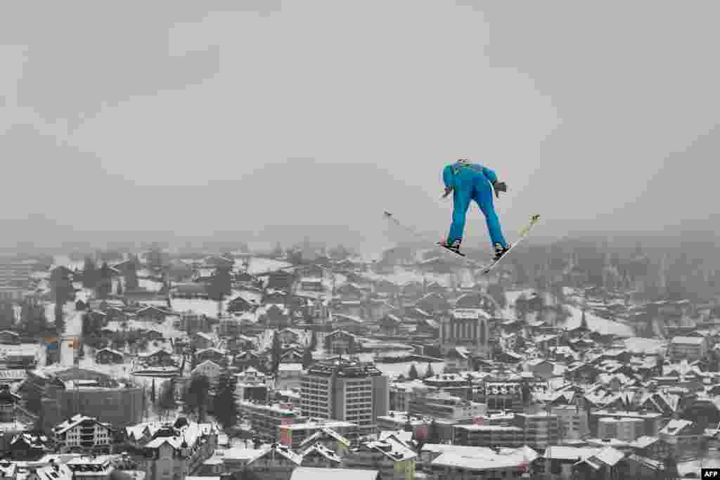 France&#39;s Jonathan Learoyd soars through the air during the men&#39;s FIS Ski Jumping World Cup competition in Engelberg, central Switzerland.