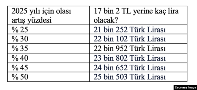 2025 yılı için olası artış yüzdesini gösteren tablo.
