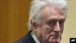 Mantan pemimpin Serbia-Bosnia, Radovan Karadzic, memasuki ruang pengadilan International Residual Mechanism for Criminal Tribunal di Den Haag, Belana, Rabu, 20 Maret 2019 (foto: AP Photo/Peter Dejong, Pool)