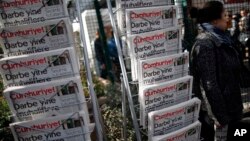 A newspaper stand with the copies of Cumhuriyet near its headquarters in Istanbul, Oct. 31, 2016.