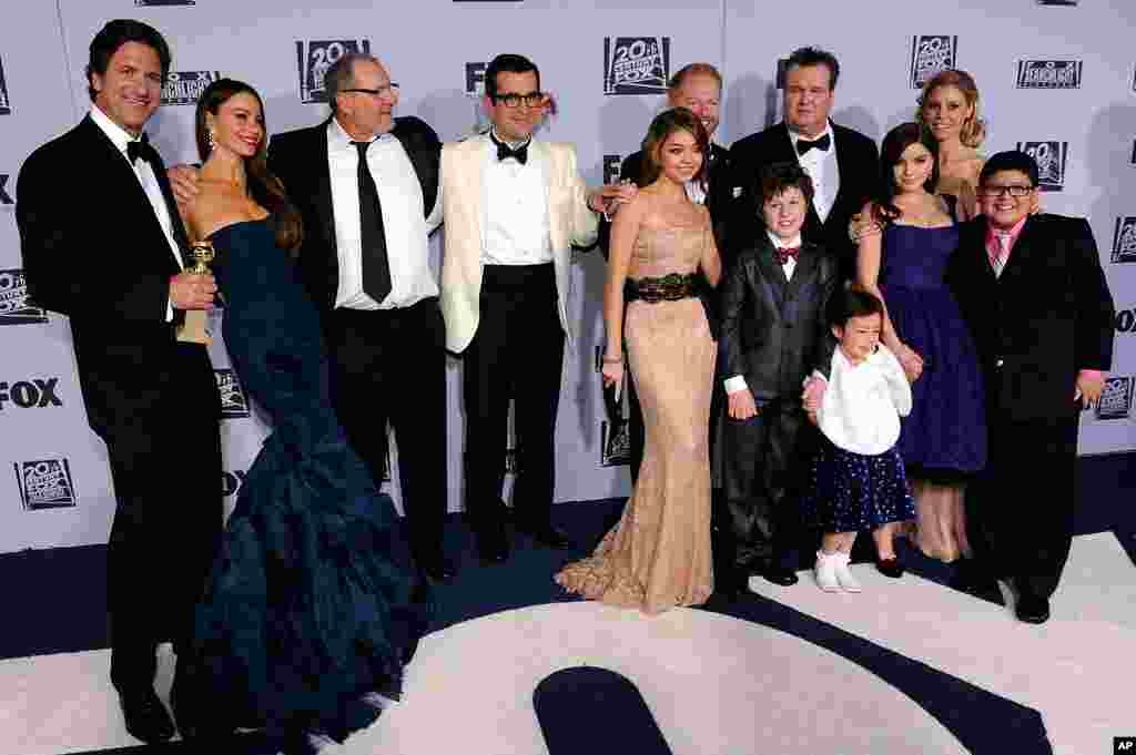 The cast of "Modern Family" arrives at the 2012 FOX Golden Globe After Party at the Beverly Hilton in Los Angeles on January 15, 2012. The show won Best Television Series - Comedy or Musical.