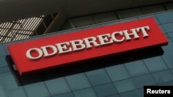 A sign of the Odebrecht Brazilian construction conglomerate is seen at their headquarters in Lima, Peru, Jan. 5, 2017. 
