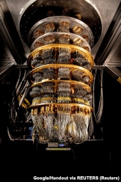 FILE - A cryostat refrigerator for cooling quantum computing chips is displayed at Google's Quantum AI lab in Santa Barbara, California, U.S. in this undated handout photo. (Google Handout via REUTERS)