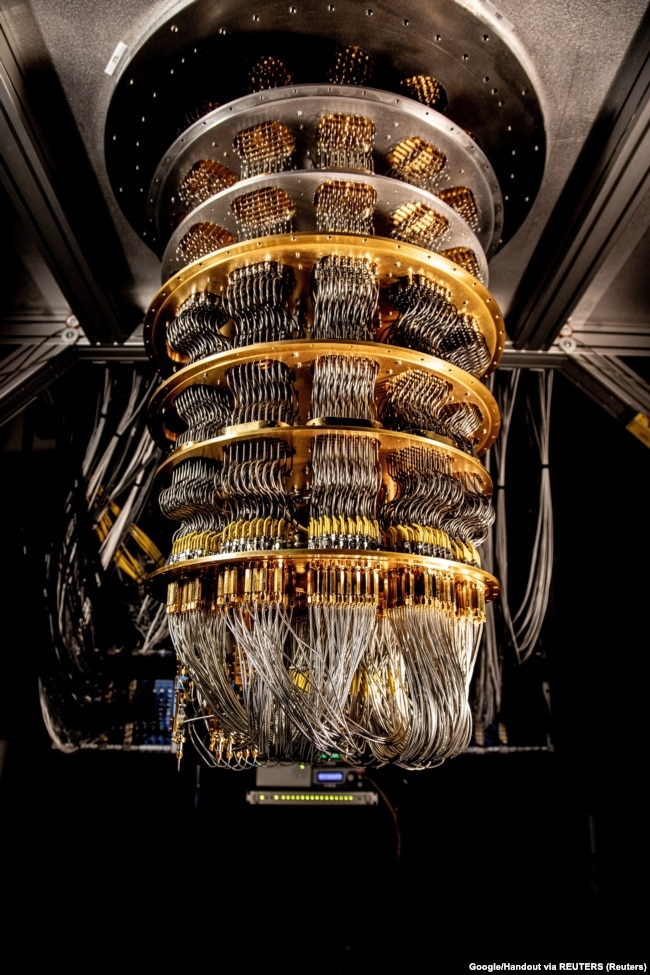 FILE - A cryostat refrigerator for cooling quantum computing chips is displayed at Google's Quantum AI lab in Santa Barbara, California, U.S. in this undated handout photo. (Google Handout via REUTERS)