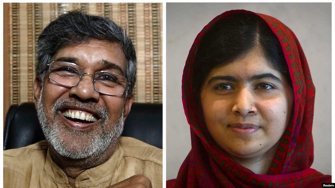 Vencedores do prémio Nobel da Paz 2014 Kailash Satyarthi, activista direitos humanos, e Malala Yousafzai, activista para os direitos da criança e educação