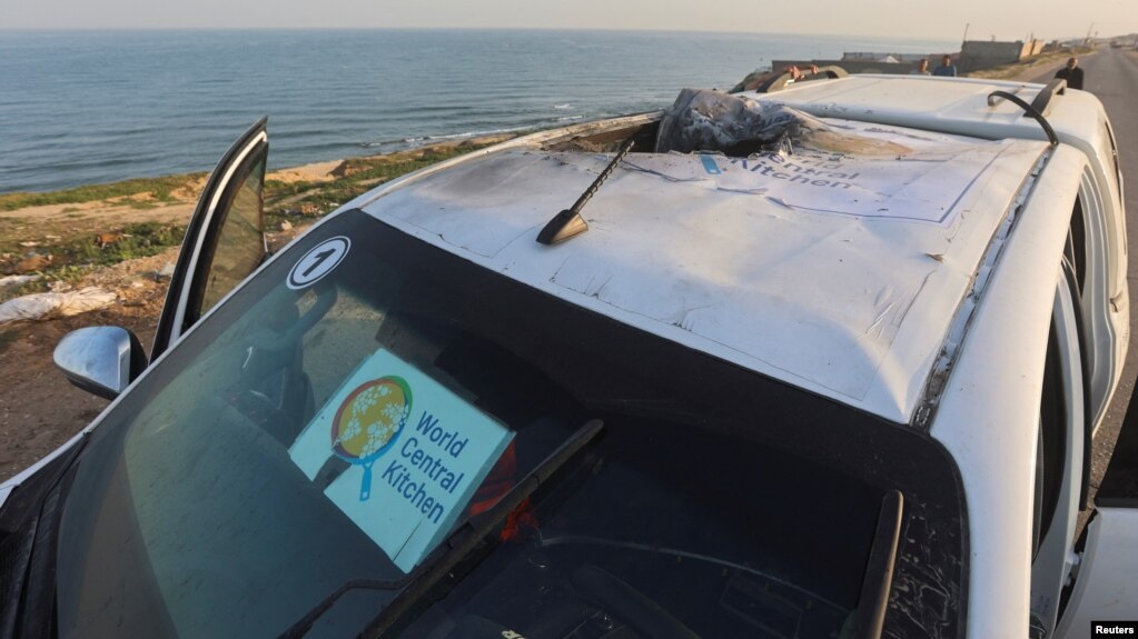 A view of a vehicle where employees from the World Central Kitchen were killed in an Israeli airstrike, according to the NGO. The Israeli military said it was conducting a thorough review to understand the circumstances, in Deir Al-Balah, in the central Gaza Strip April 2, 2024.