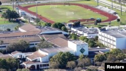 FILE - An aerial view shows Marjory Stoneman Douglas High School following a mass shooting in Parkland, Florida, U.S., Feb. 16, 2018.