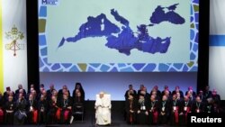 Pope Francis attends the concluding session of a meeting at Palais du Pharo, on the occasion of the Mediterranean Meetings, in Marseille, France, on Sept. 23, 2023.