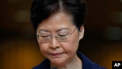Hong Kong Chief Executive Carrie Lam pauses during a press conference in Hong Kong Tuesday, Aug. 20, 2019. Lam said she’s setting up a “communication platform” to resolve differences in the Chinese city.