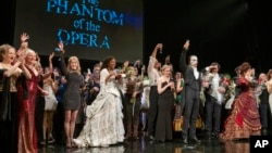 "The Phantom of the Opera" cast appear at the curtain call following the final Broadway performance at the Majestic Theatre on April 16, 2023, in New York.