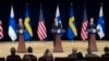 Secretary of State Antony Blinken speaks during a news conference with Finnish Foreign Minister Pekka Haavisto and Swedish Foreign Minister Tobias Billstrom.