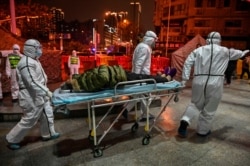 Medical staff members wearing protective clothing to help stop the spread of a deadly virus arrive with a patient at the Wuhan Red Cross Hospital in Wuhan, China, Jan. 25, 2020.