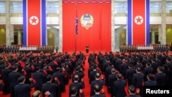 김정은 북한 국무위원장이 2026년 9월 9일 북한 평양에서 열린 정권 창건 78주년 경축 행사에서 연설하고 있다.