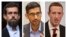 This combination of 2018-2020 photos shows, from left, Twitter CEO Jack Dorsey, Google CEO Sundar Pichai, and Facebook CEO Mark Zuckerberg. The CEOs of social media giants Facebook, Twitter and Google were grilled by Congress, March 25, 2021.