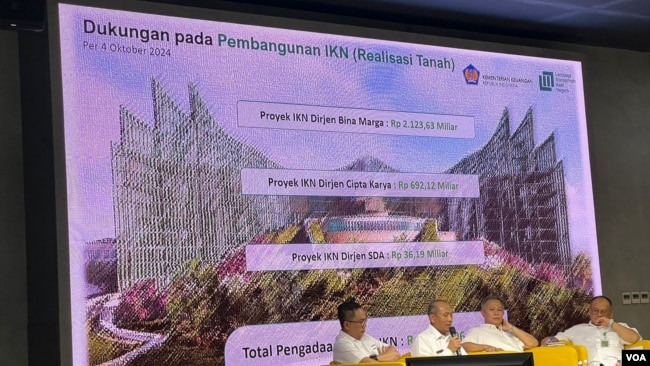 Direktur Pengadaan dan Pendanaan Lahan LMAN Rustanto (kedua dari kiri) akui pembebasan lahan di IKN cukup kompleks , salah satunya membebaslahankan lahan bekas hutan yang mencapai 100 hektare. (Ghita Intan/VOA)