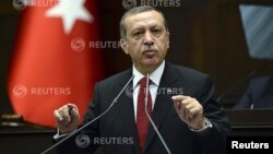 Turkey's Prime Minister Tayyip Erdogan addresses members of parliament from his ruling AK Party (AKP) during a meeting at the Turkish parliament in Ankara, June 18, 2013. 