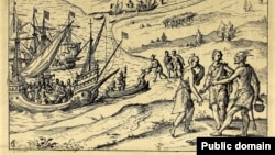 This 1617 engraving purports to show the British abducting Pocahontas. Courtesy, John Carter Brown Library, Brown University.