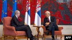 Predsednik Srbije Boris Tadić i predsednik Evropskog saveta Herman van Rompej razgovaraju za vreme današnjeg susreta u Beogradu.