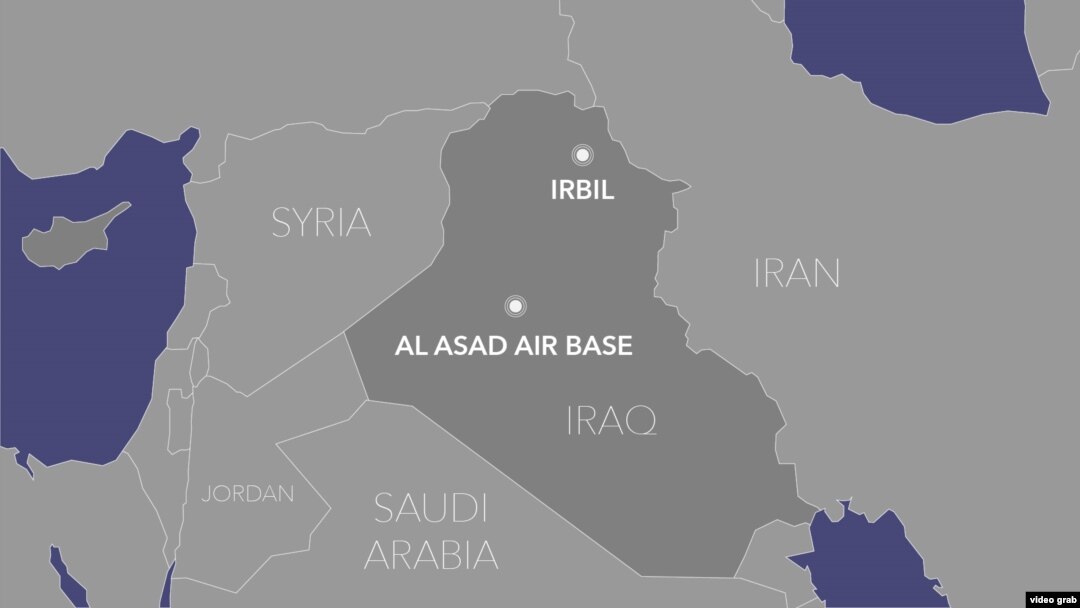 Mapa na kojoj se vide vojne baze Al Asad i Irbil u Iraku