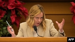 Italian Prime Minister Giorgia Meloni answers questions during a press conference in Rome on Jan. 4, 2024, where she gave a preview of her hopes for Italy's presidency of the Group of Seven leading industrial nations in 2024.