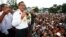 Head of opposition Cambodia National Rescue Party Sam Rainsy, second from left, gives a speech during a rally of their supporters after the July 28 polls, in Phnom Penh, Tuesday, Aug. 6, 2013. 