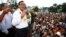 Head of opposition Cambodia National Rescue Party Sam Rainsy, second from left, gives a speech during a rally of their supporters after the July 28 polls, in Phnom Penh.