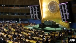 Ambassadors vote during a United Nations General Assembly meeting on the third anniversary of Russia's invasion of Ukraine, at U.N. Headquarters in New York City, Feb. 24, 2025. 