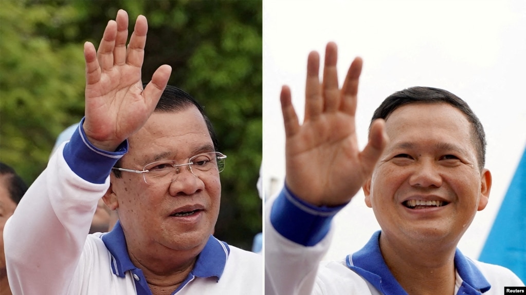 资料照片：这张组合照片显示了柬埔寨首相洪森和他的儿子洪马内在金边的竞选集会期间。(photo:VOA)