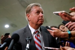 FILE - Sen. Lindsey Graham speaks to reporters after a briefing on Capitol Hill in Washington, May 21, 2019.