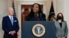 Judge Ketanji Brown Jackson speaks after President Joe Biden announced Jackson as his nominee to the Supreme Court in the Cross Hall of the White House, Feb. 25, 2022, in Washington. Vice President Kamala Harris listens at right. 