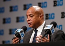 FILE - Big Ten Commissioner Kevin Warren addresses the media in Indianapolis, March 12, 2020.