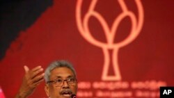 Sri Lankan presidential candidate and former defense chief Gotabaya Rajapaksa speaks during a news conference in Colombo, Sri Lanka, Oct. 15, 2019.