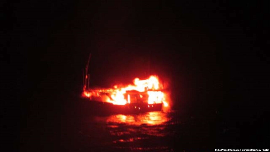 India's Ministry of Defense released this photo that it says shows a Pakistani fishing boat that exploded and burned after those aboard the boat set it on fire after being chased by Indian Coast Guard ships on January 1, 2015.