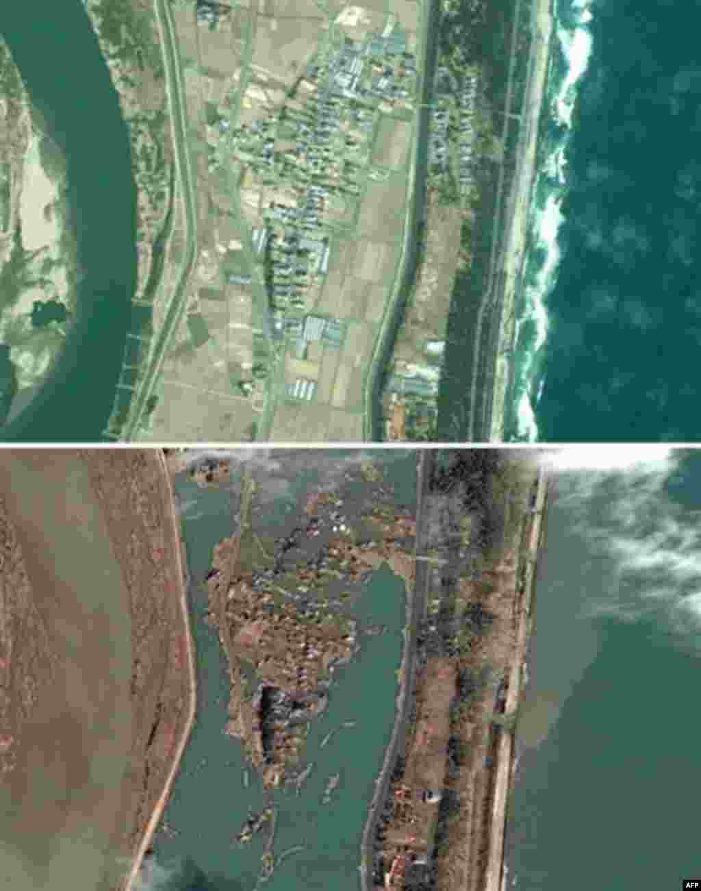 Redaktionshinweis: Nur zur redaktionellen, kostenfreien Verwendung und ausschliesslich bei Nennung der Quelle "Foto: Google/DigitalGlobe" +++ Eine Satellitenbild-Kombo zeigt oben den Ort Terashima im Nordosten von Japan, aufgenommen im Jahr 2003 und unten