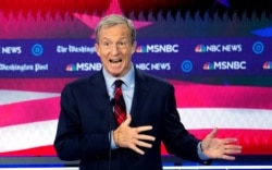 Billionaire activist Tom Steyer speaks during the U.S. Democratic presidential candidates debate at the Tyler Perry Studios in Atlanta, Nov. 20, 2019.