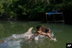 Juma Indigenous kids play on the Assua River at their community near Canutama, Amazonas state, Brazil, Sunday, July 9, 2023. (AP Photo/Andre Penner)