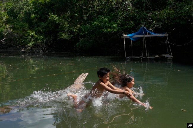 Juma Indigenous kids play on the Assua River at their community near Canutama, Amazonas state, Brazil, Sunday, July 9, 2023. (AP Photo/Andre Penner)